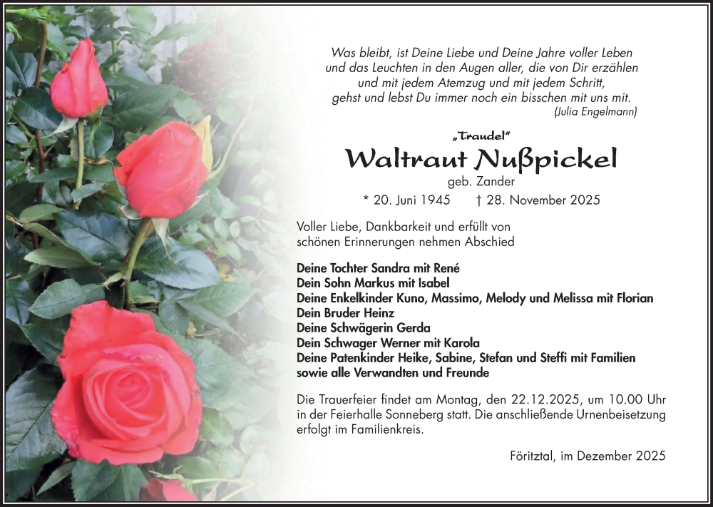  Traueranzeige für Waltraut Nußpickel vom 13.12.2025 aus Südthüringer Presse
