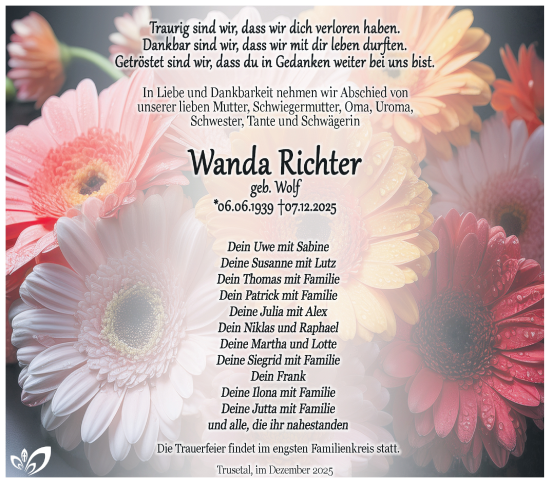 Traueranzeige von Wanda Richter von Südthüringer Presse