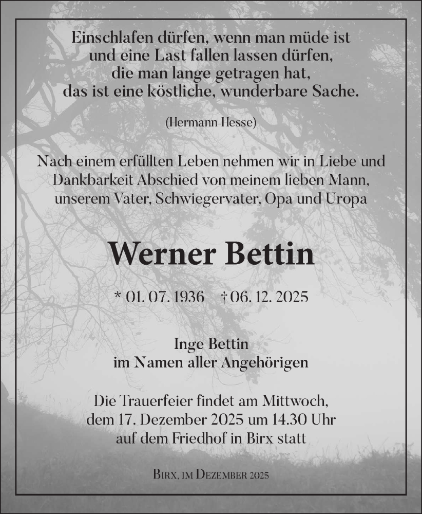  Traueranzeige für Werner Bettin vom 12.12.2025 aus Südthüringer Presse