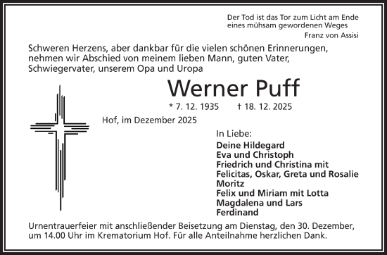 Traueranzeige von Werner Puff von Frankenpost