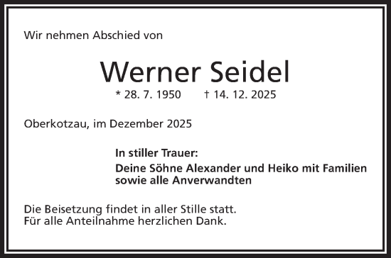 Traueranzeige von Werner Seidel von Frankenpost