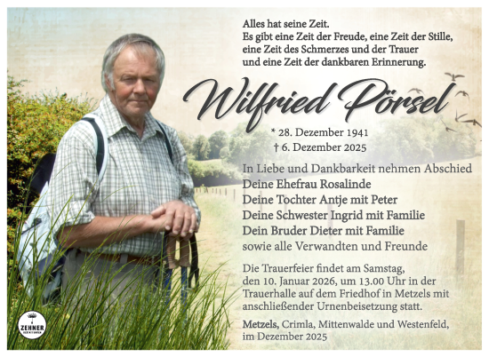 Traueranzeige von Wilfried Pörsel von Südthüringer Presse