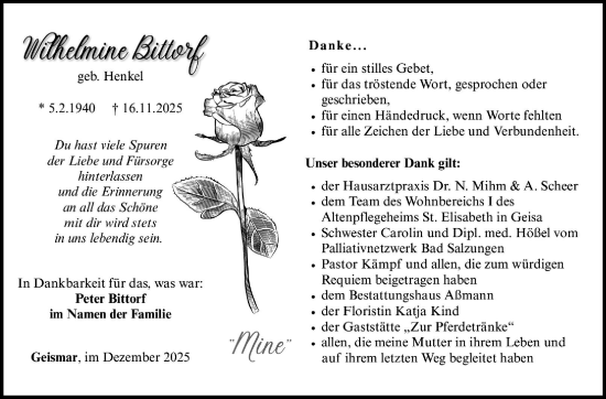 Traueranzeige von Wilhelmine Bittorf von Südthüringer Presse