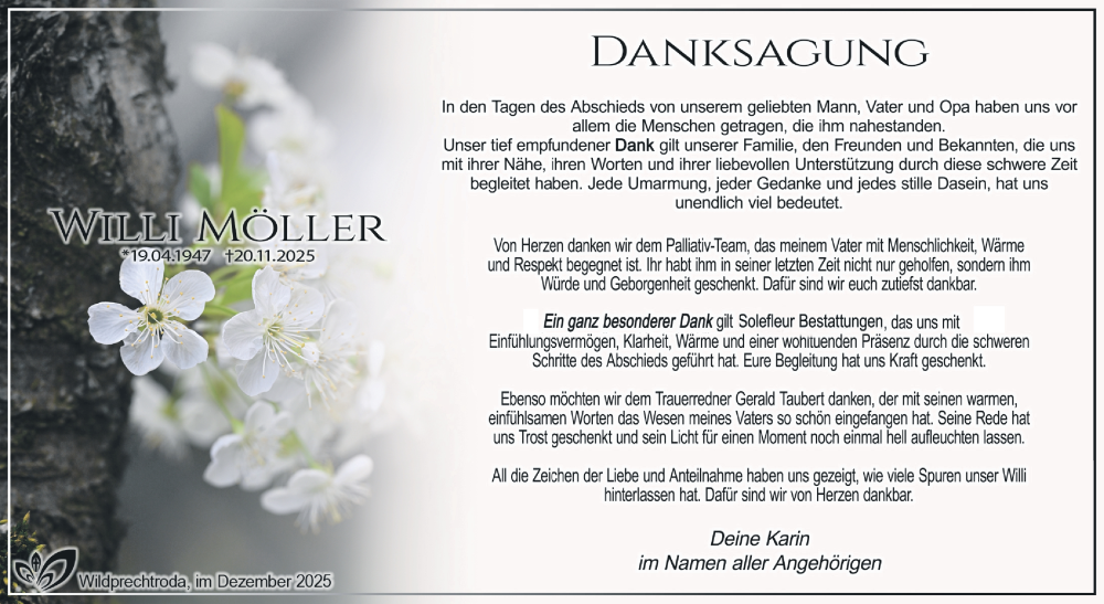  Traueranzeige für Willi Möller vom 13.12.2025 aus Südthüringer Presse