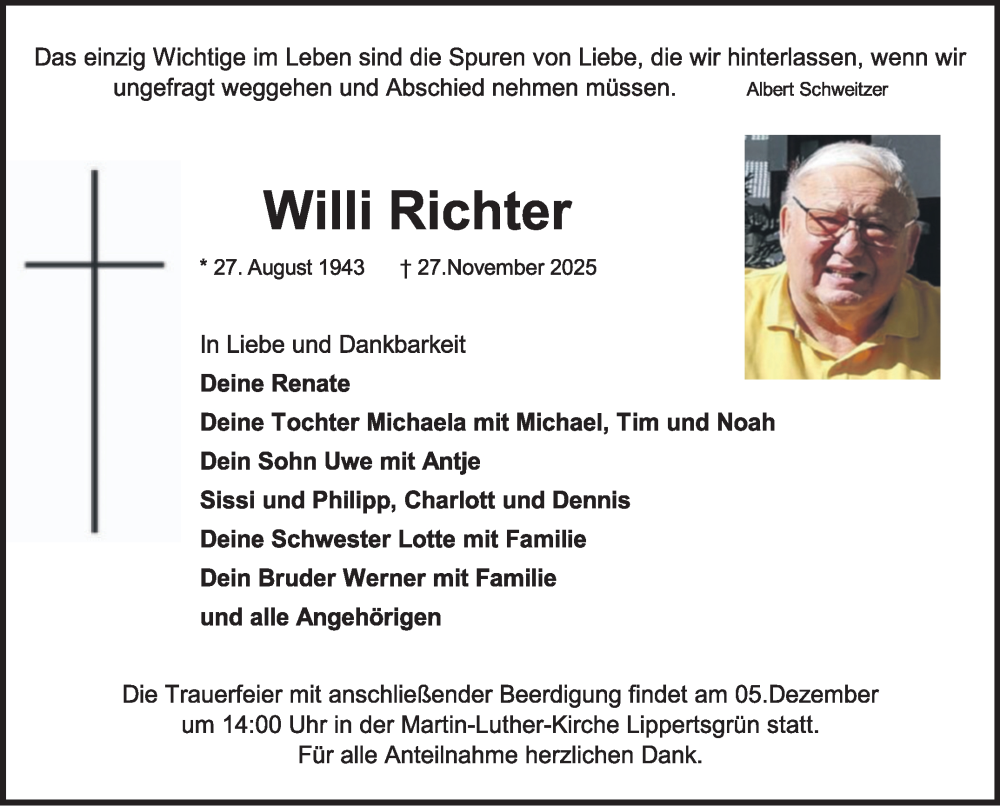  Traueranzeige für Willi Richter vom 03.12.2025 aus Frankenpost
