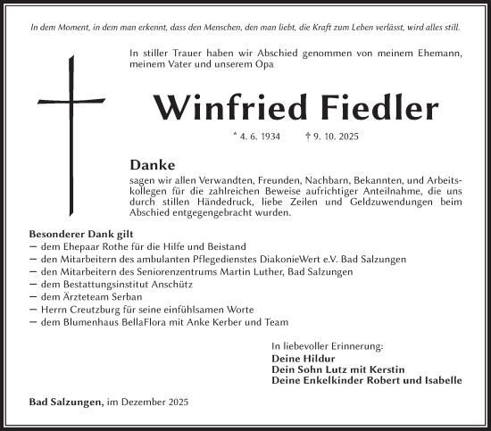 Traueranzeige von Winfried Fiedler von Südthüringer Presse