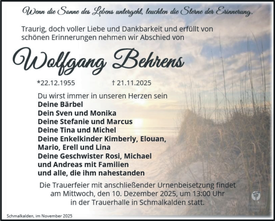 Traueranzeige von Wolfgang Behrens von Südthüringer Presse