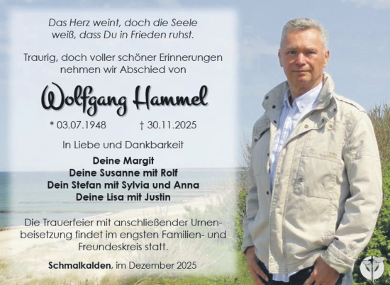 Traueranzeige von Wolfgang Hammel von Südthüringer Presse