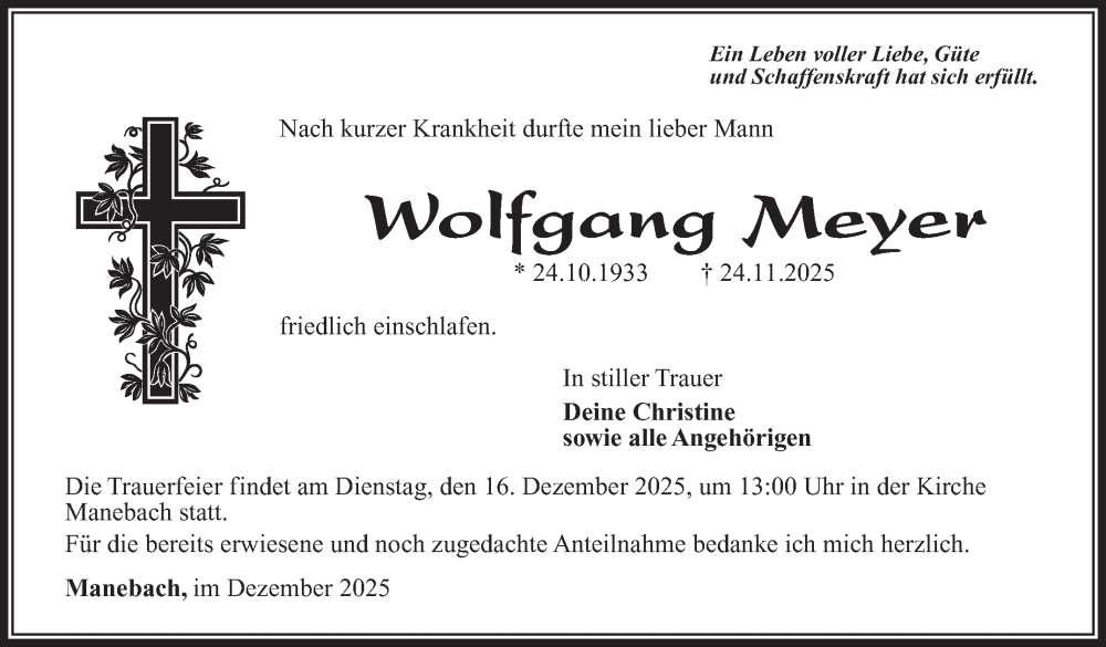  Traueranzeige für Wolfgang Meyer vom 06.12.2025 aus Südthüringer Presse