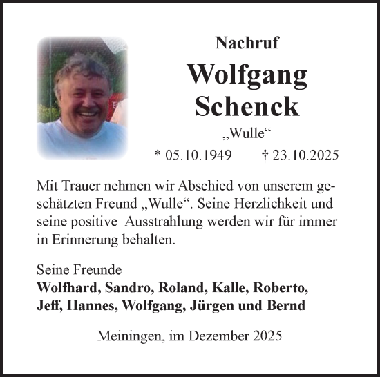 Traueranzeige von Wolfgang Schenck von Südthüringer Presse