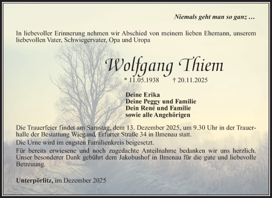 Traueranzeige von Wolfgang Thiem von Südthüringer Presse