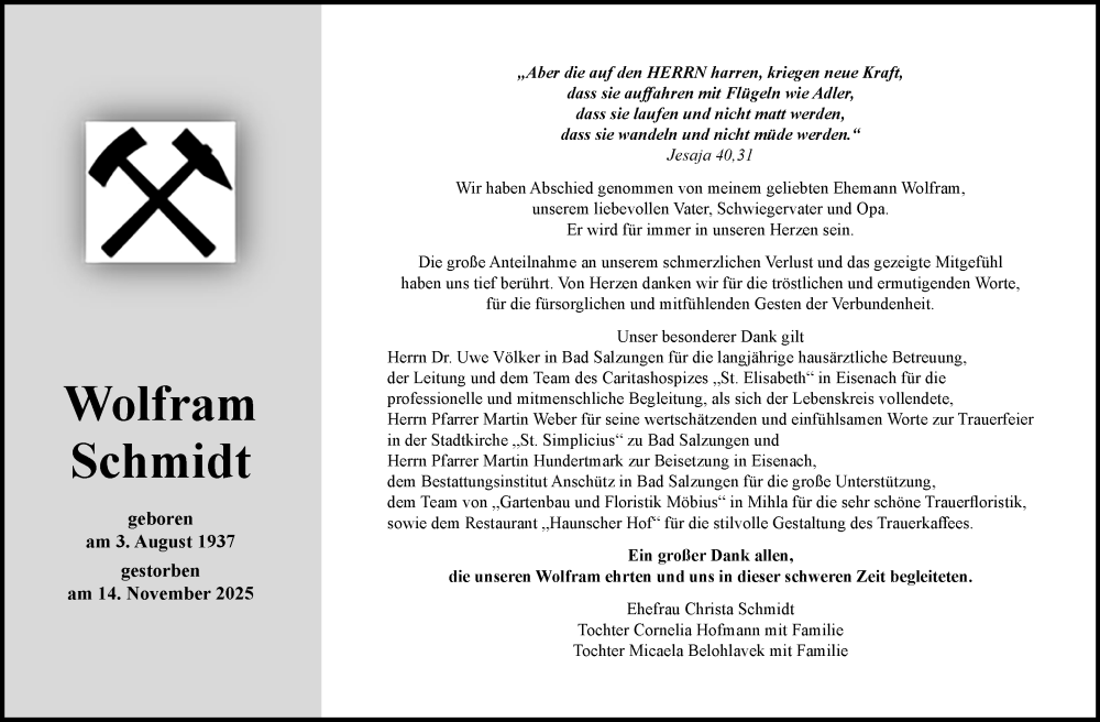  Traueranzeige für Wolfram Schmidt vom 20.12.2025 aus Südthüringer Presse