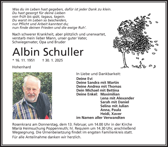 Traueranzeige von Albin Schuller von Frankenpost