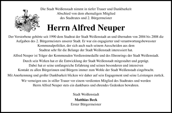Traueranzeige von Alfred Neuper von Frankenpost