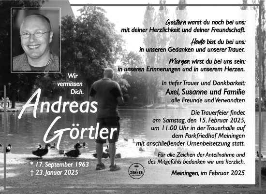 Traueranzeige von Andreas Görtler von Südthüringer Presse