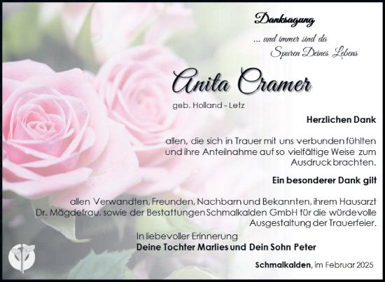 Traueranzeige von Anita Cramer von Südthüringer Presse