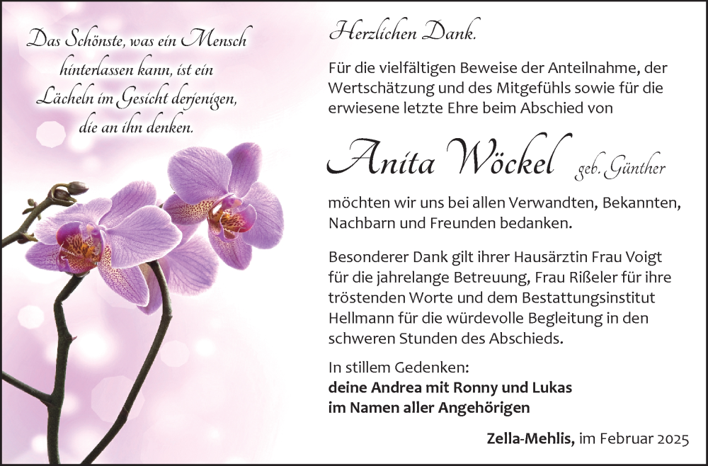  Traueranzeige für Anita Wöckel vom 08.02.2025 aus Südthüringer Presse