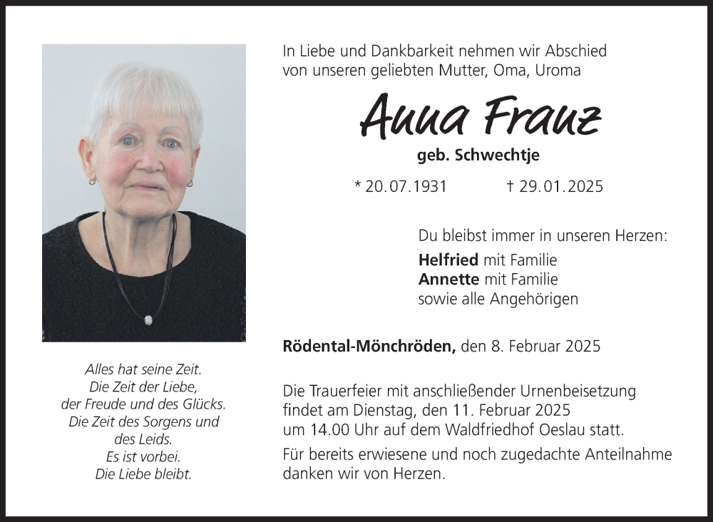  Traueranzeige für Anna Franz vom 08.02.2025 aus Neue Presse Coburg