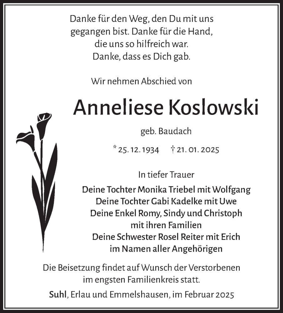  Traueranzeige für Anneliese Koslowski vom 01.02.2025 aus Südthüringer Presse
