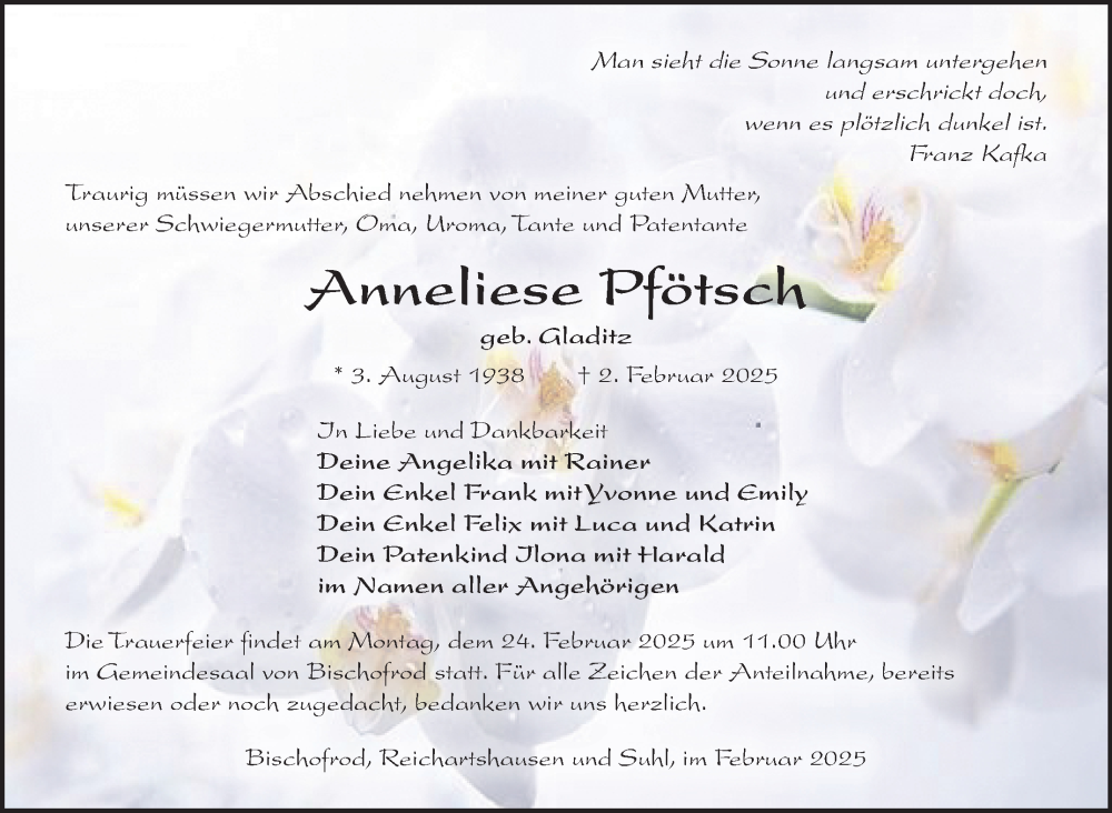  Traueranzeige für Anneliese Pfötsch vom 12.02.2025 aus Südthüringer Presse