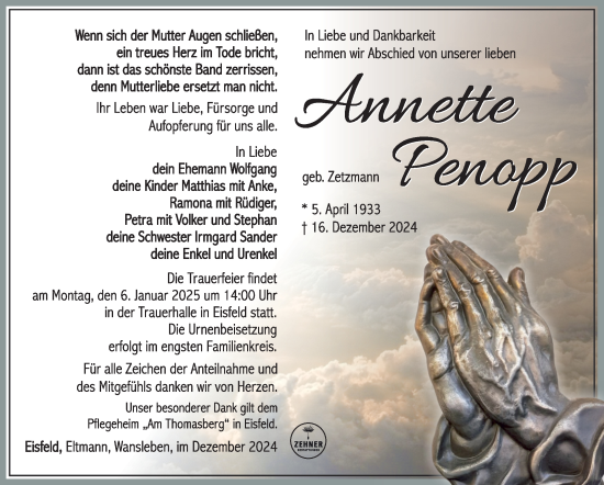 Traueranzeige von Annette Penopp von Südthüringer Presse