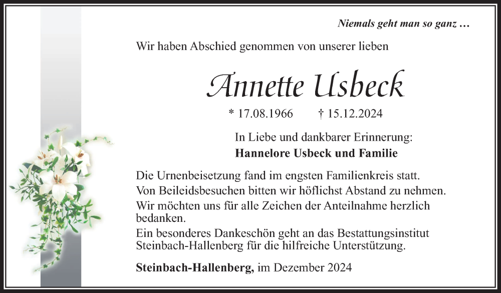  Traueranzeige für Annette Usbeck vom 04.01.2025 aus Südthüringer Presse