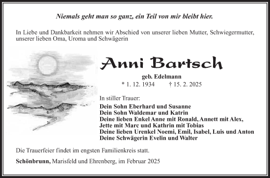 Traueranzeige von Anni Bartsch von Südthüringer Presse