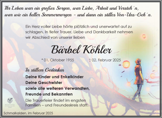 Traueranzeige von Bärbel Köhler von Südthüringer Presse