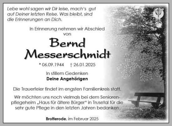 Traueranzeige von Bernd Messerschmidt von Südthüringer Presse