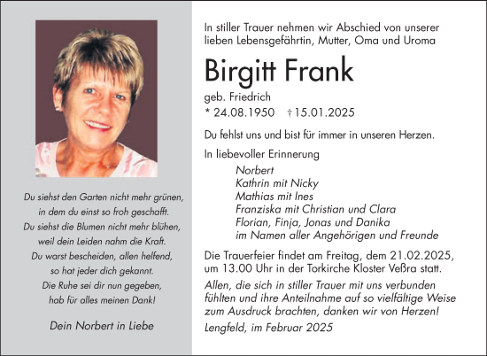 Traueranzeige von Birgitt Frank von Südthüringer Presse