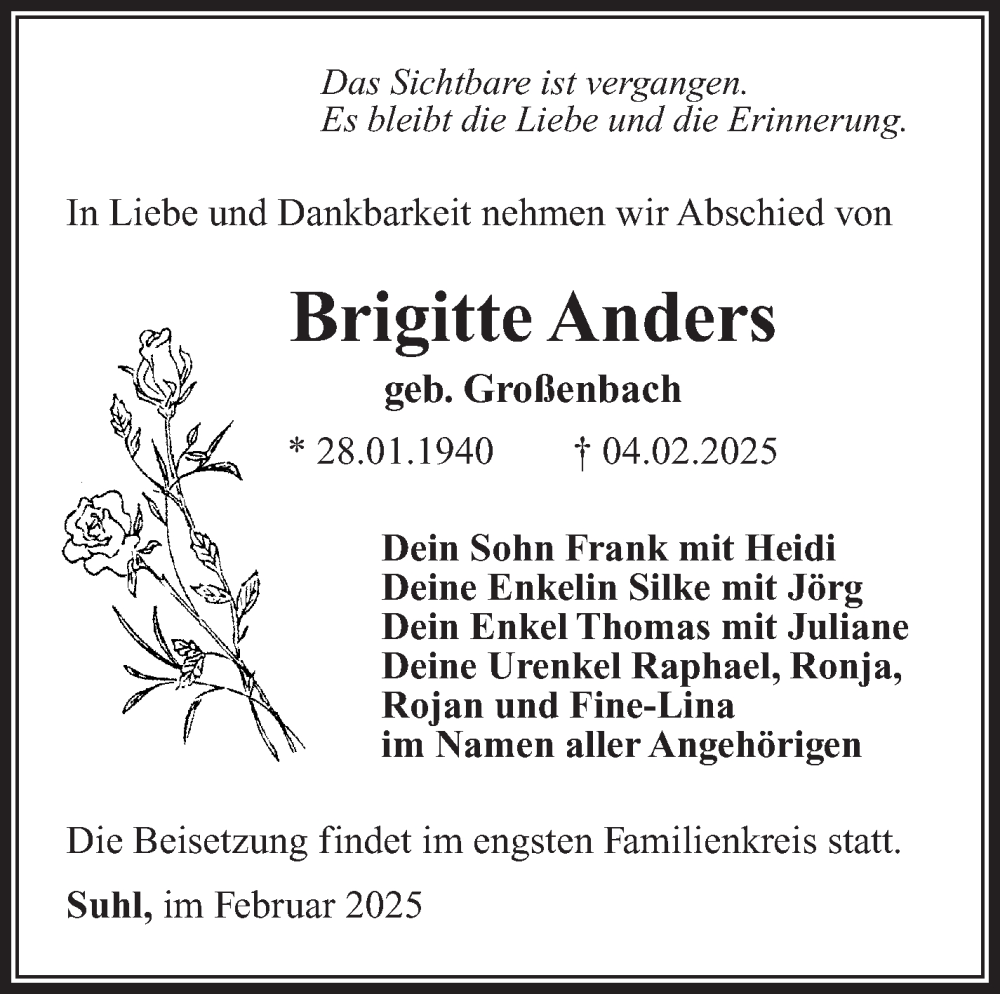  Traueranzeige für Brigitte Anders vom 15.02.2025 aus Südthüringer Presse