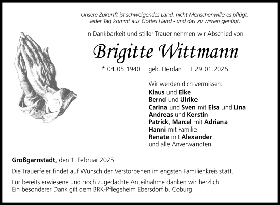 Traueranzeige von Brigitte Wittmann von Neue Presse Coburg