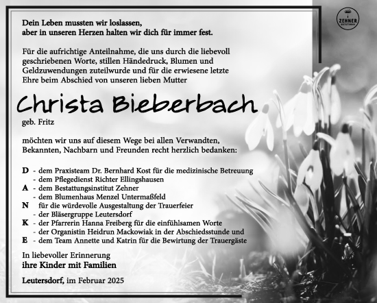 Traueranzeige von Christa Bleberbach von Südthüringer Presse