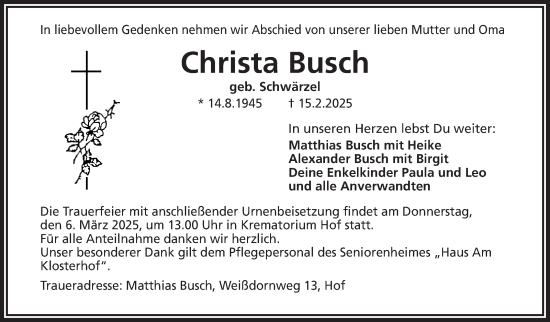 Traueranzeige von Christa Busch von Frankenpost
