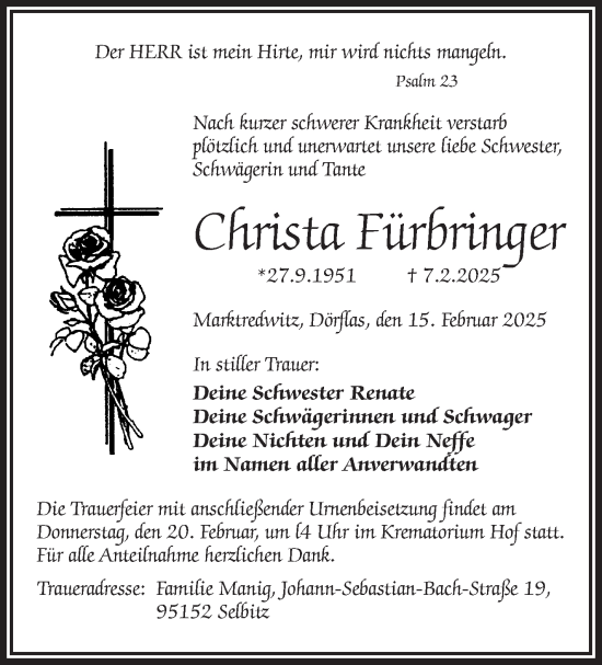 Traueranzeige von Christa Fürbringer von Frankenpost