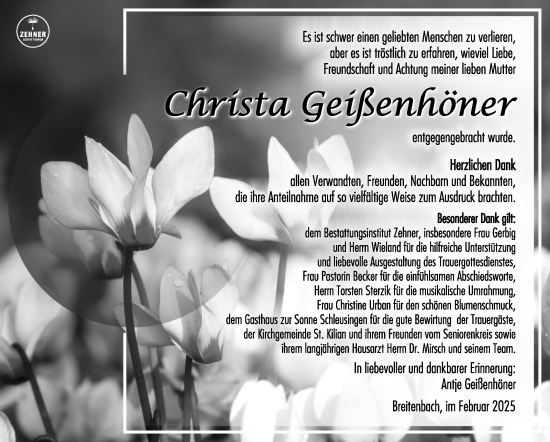Traueranzeige von Christa Geißenhöner von Südthüringer Presse