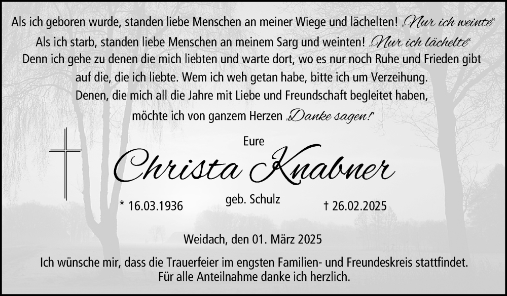  Traueranzeige für Christa Knabner vom 01.03.2025 aus Neue Presse Coburg