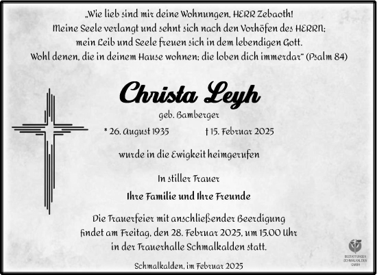 Traueranzeige von Christa Leyh von Südthüringer Presse
