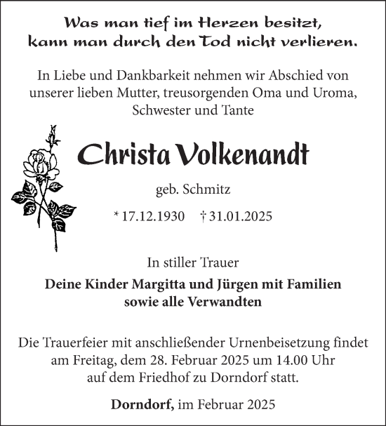 Traueranzeige von Christa Volkenandt von Südthüringer Presse