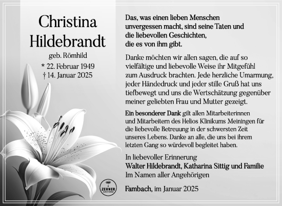 Traueranzeige von Christina Hildebrandt von Südthüringer Presse