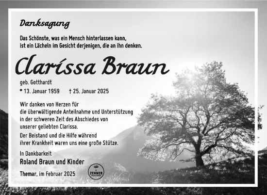 Traueranzeige von Clarissa Braun von Südthüringer Presse