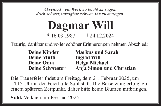 Traueranzeige von Dagmar Will von Südthüringer Presse