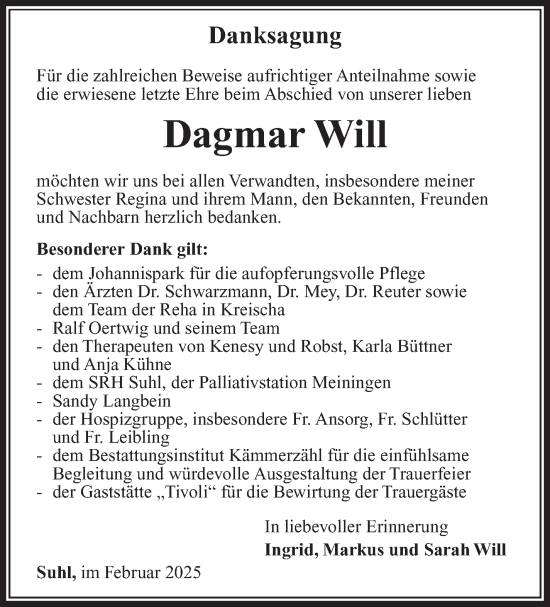 Traueranzeige von Dagmar Will von Südthüringer Presse