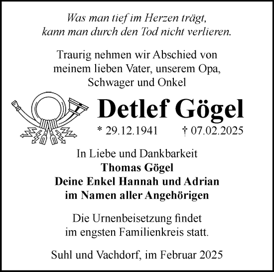 Traueranzeige von Detlef Gögel von Südthüringer Presse