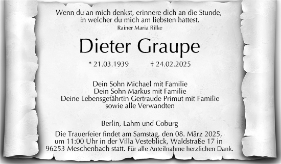 Traueranzeige von Dieter Graupe von Neue Presse Coburg