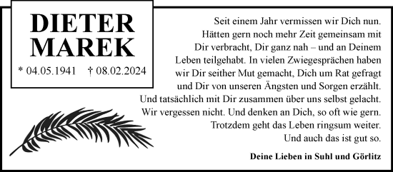 Traueranzeige von Dieter Marek von Südthüringer Presse