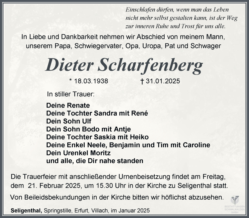  Traueranzeige für Dieter Scharfenberg vom 08.02.2025 aus Südthüringer Presse