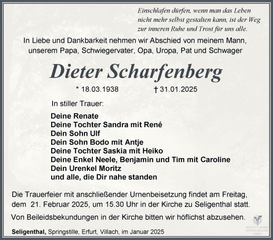 Traueranzeige von Dieter Scharfenberg von Südthüringer Presse