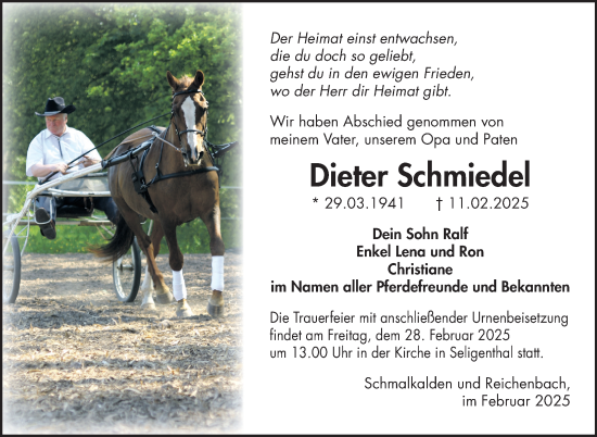 Traueranzeige von Dieter Schmiedel von Südthüringer Presse
