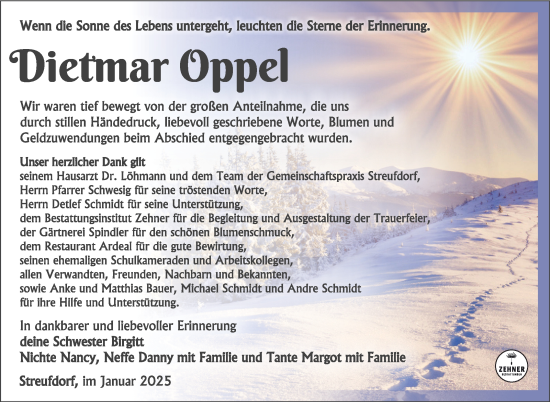 Traueranzeige von Dietmar Oppel von Südthüringer Presse